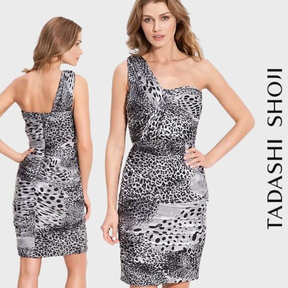 Tadashi Shoji NWT Animal Print One-Shoulder Sheath 8 Petite - Picture 1 of 13